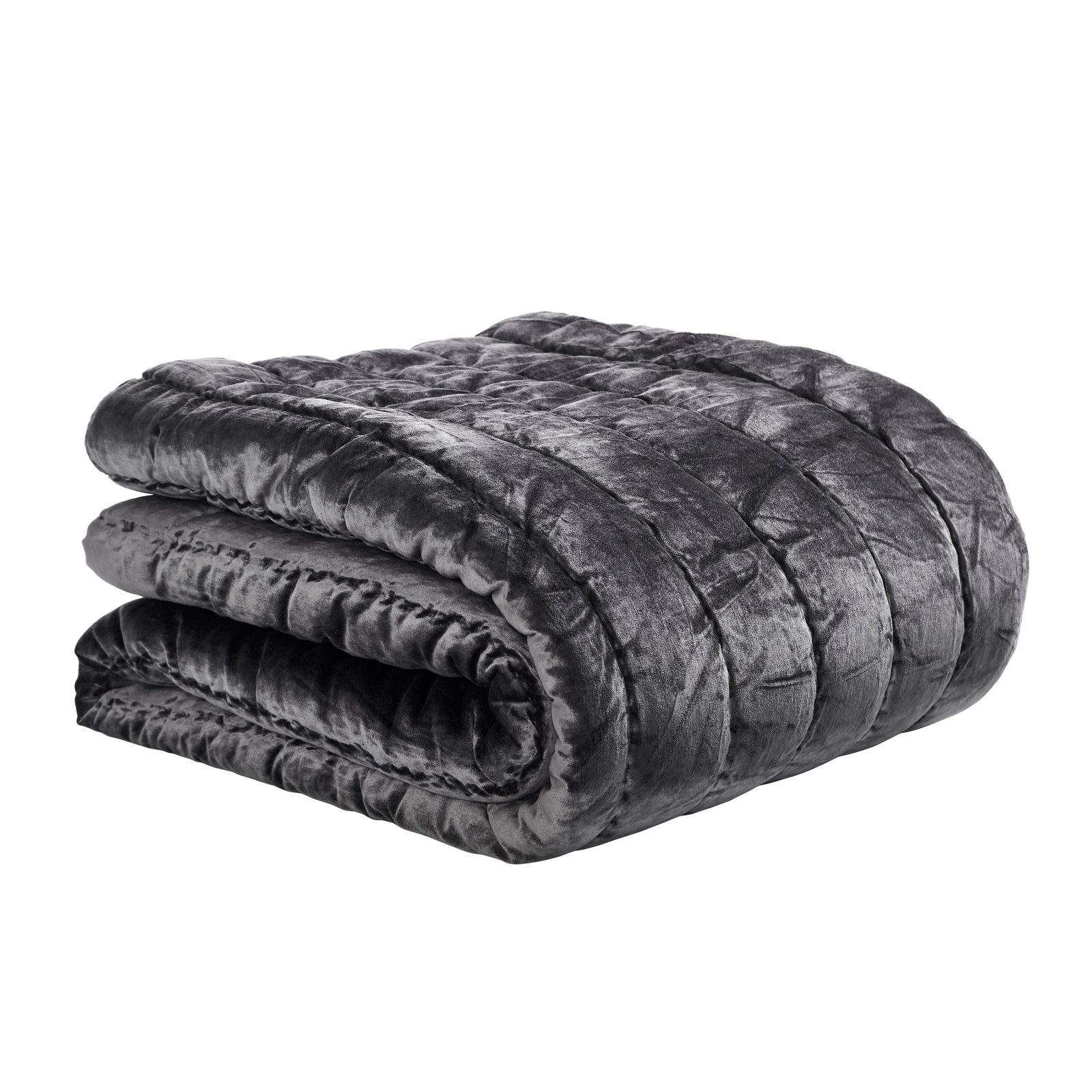 QT-338-11096_4|Luxurious dark grey velvet quilt, channel quilted, folded neatly for a sophisticated bedroom aesthetic. Soft, elegant bedding.