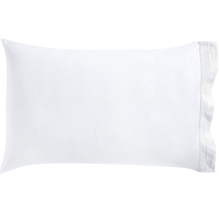 AKP-520-2040_1|Crisp white 100% cotton pillowcase with intricate lace trim. Soft, breathable, luxurious bedding for serene sleep.