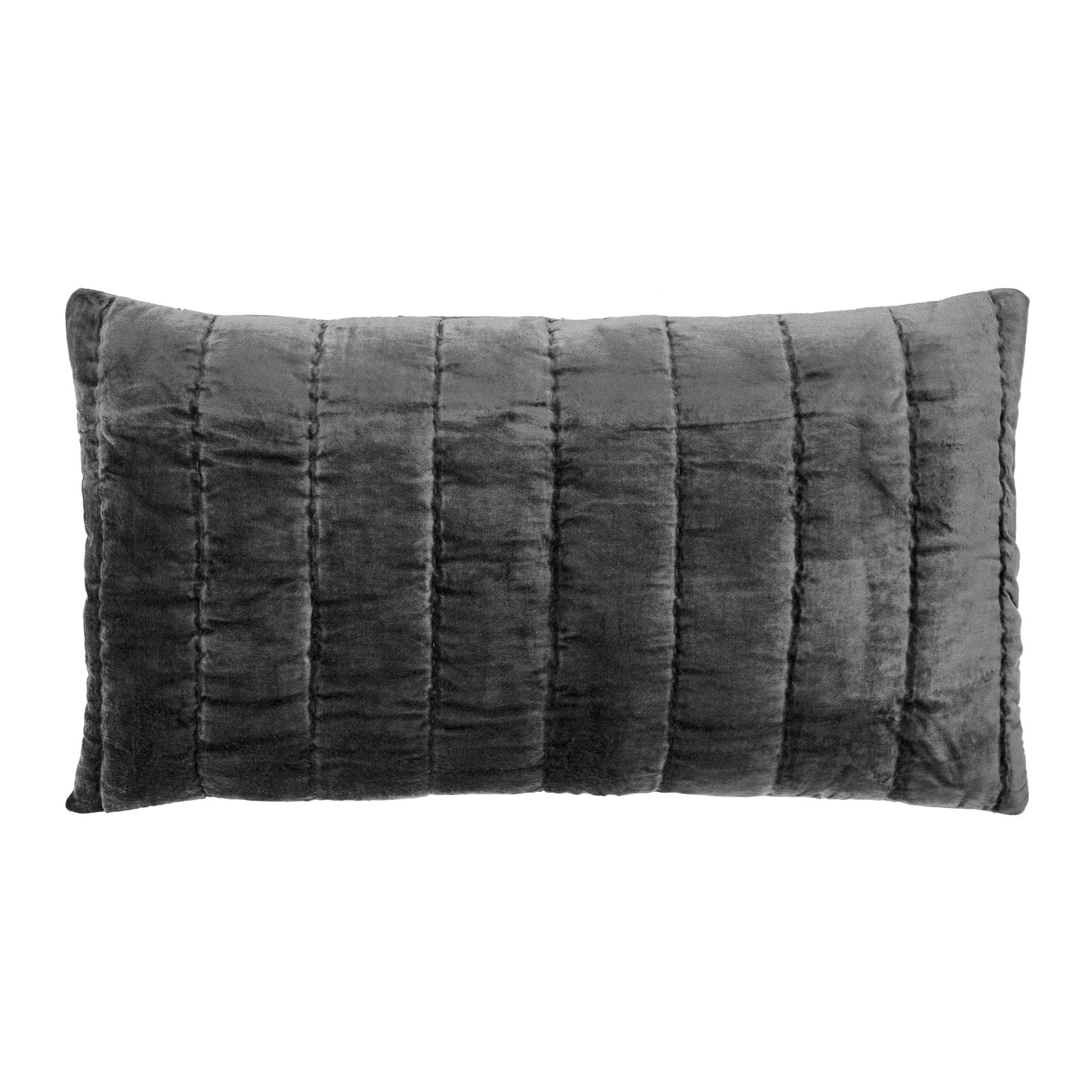 KS-338-2036_1|Dark grey velvet quilted lumbar pillow, soft plush texture, elegant bedroom accent, comfortable design for decor.