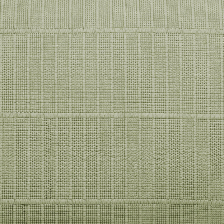 CL-270-11096_14|Detailed close-up of sage green textured cotton blend coverlet fabric, highlighting the woven stripe pattern.
