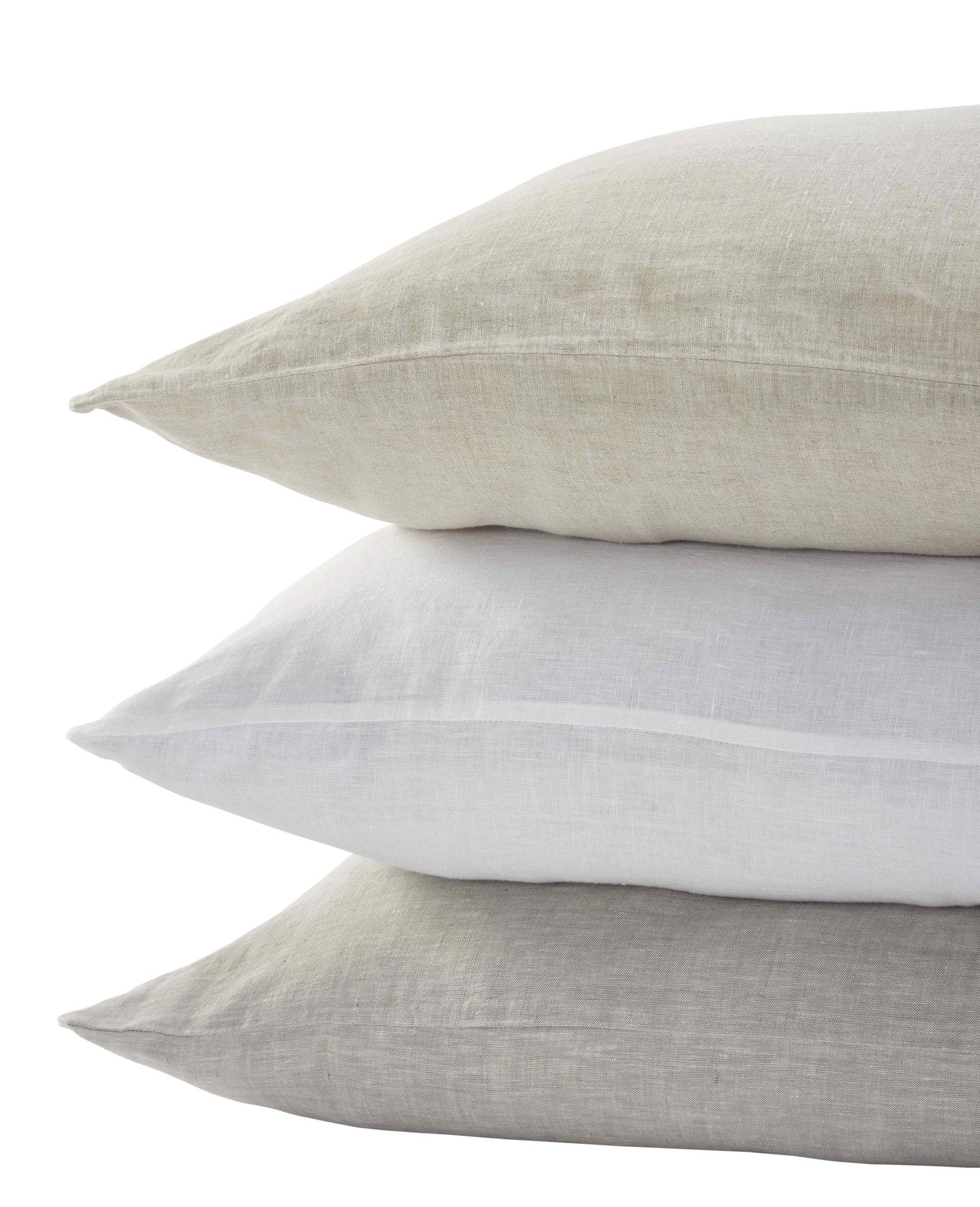 AKP-514-2040_3|Stacked 100% Linen sheets: natural, crisp white, and light grey. Breathable, durable, and luxurious textured bedding.
