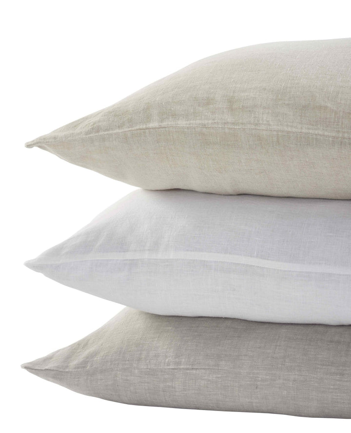 AKP-514-2040_3|Stacked 100% Linen sheets: natural, crisp white, and light grey. Breathable, durable, and luxurious textured bedding.
