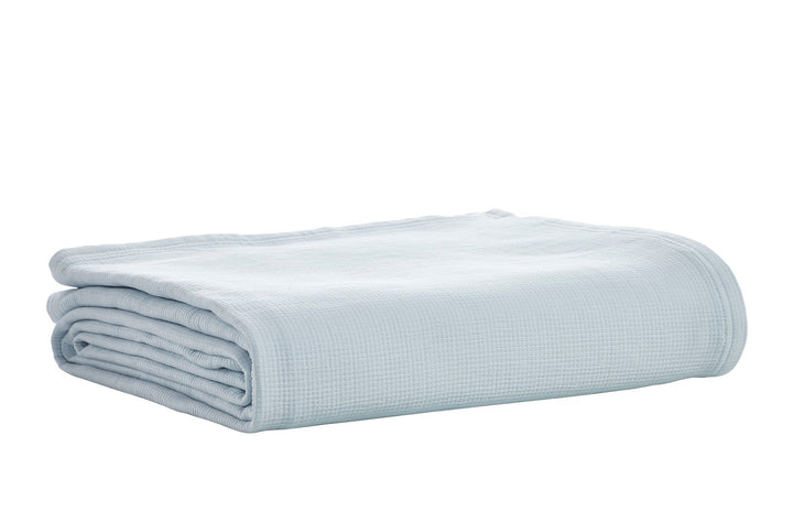 BL-859-11096_7|Neatly folded light blue waffle weave cotton blanket. Essential soft bed throw, perfect for any season or decor.