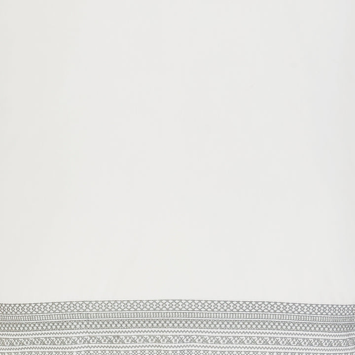 SWT-502-7.8_1|Clean white fabric featuring an intricate gray embroidered border, perfect for elegant linens and custom textile designs.