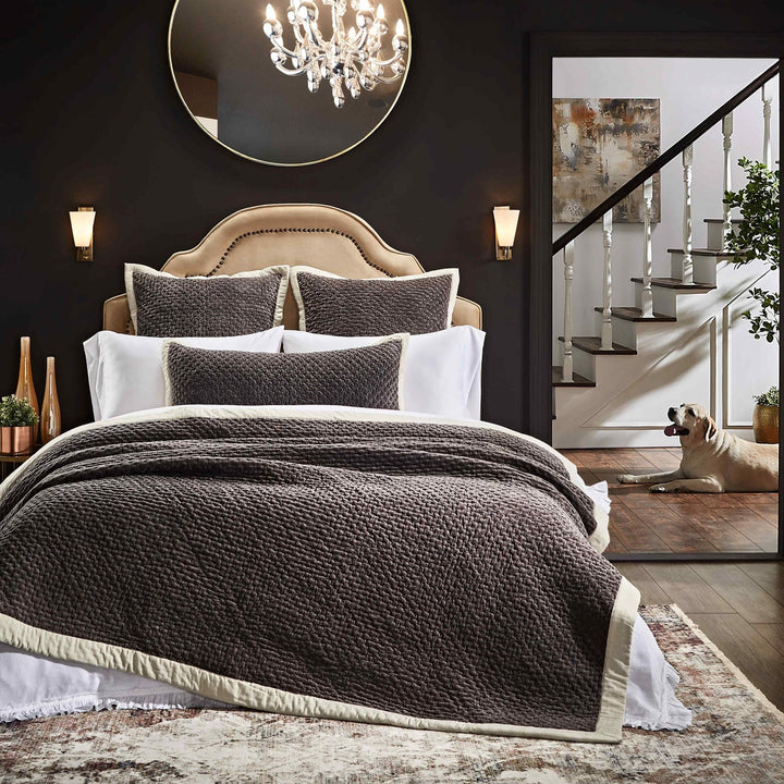 QT-329-11096_3|Plush dark brown velvet quilt with a textured design and elegant beige trim, creating a luxurious focal point in the bedroom.