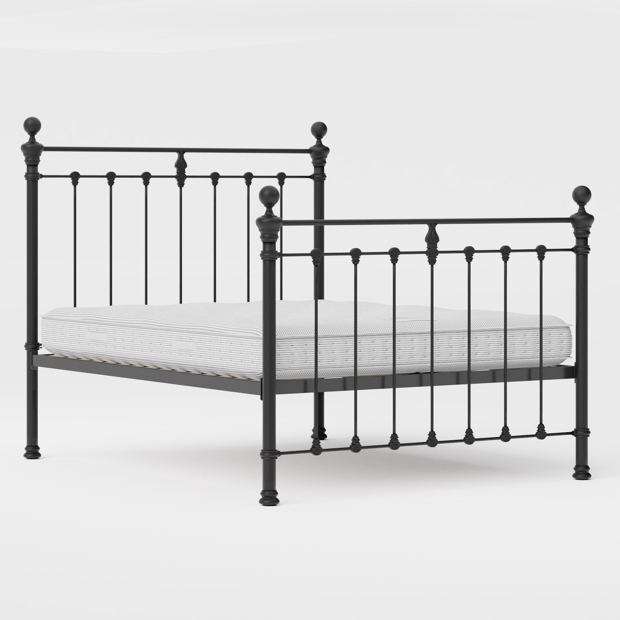 MB-204-7680_3|Durable black metal bed frame with traditional finials and robust slat support, ideal for a timeless bedroom aesthetic.