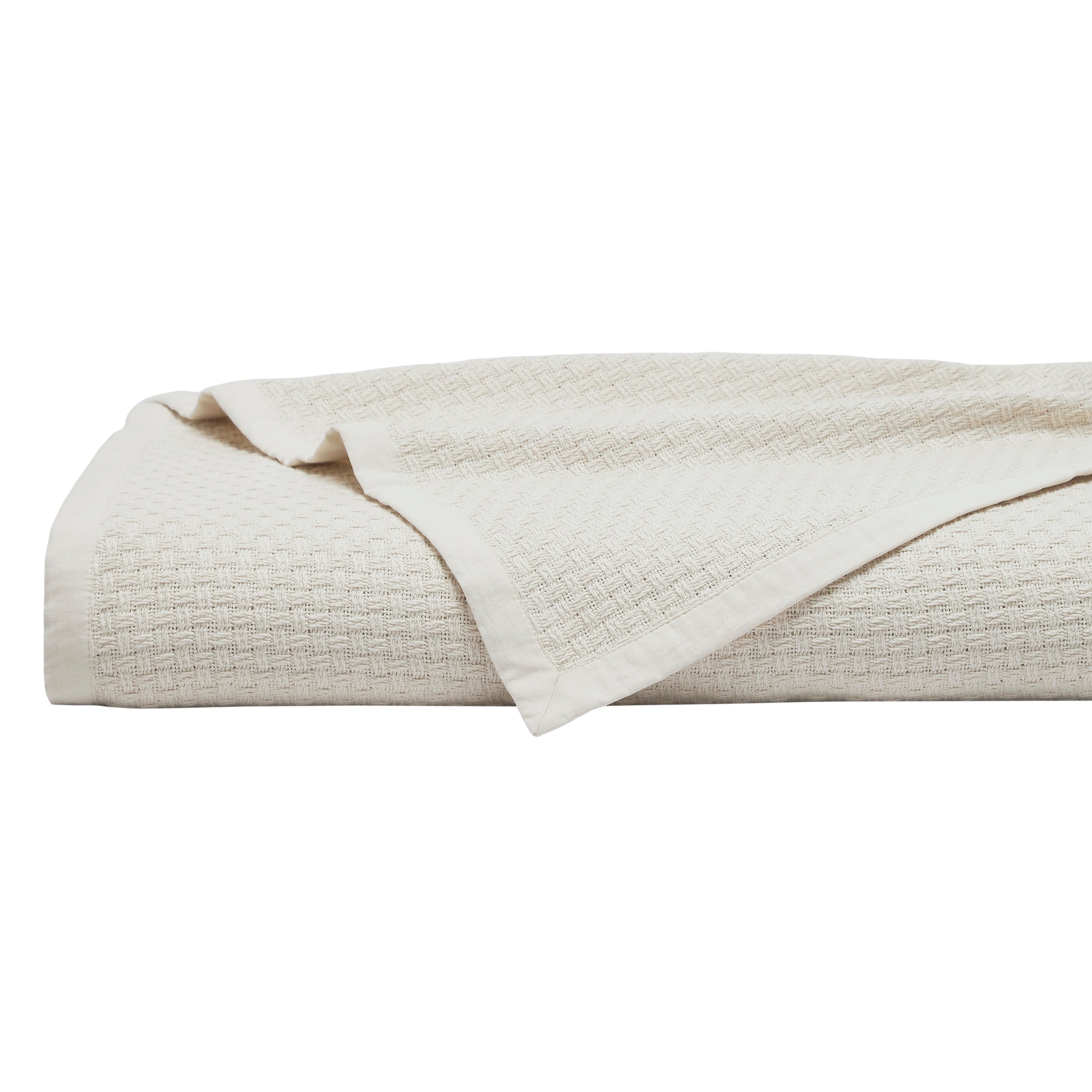 BL-868-9496_1|Folded cream herringbone weave blanket. Stylish, durable cotton throw for beds, couches, offering warmth and modern home decor.