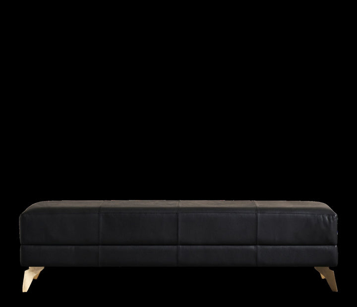 FN-5200-601618_5|Sleek black leather upholstered bench with minimalist design, prominent stitching, and luxurious gold tapered legs.