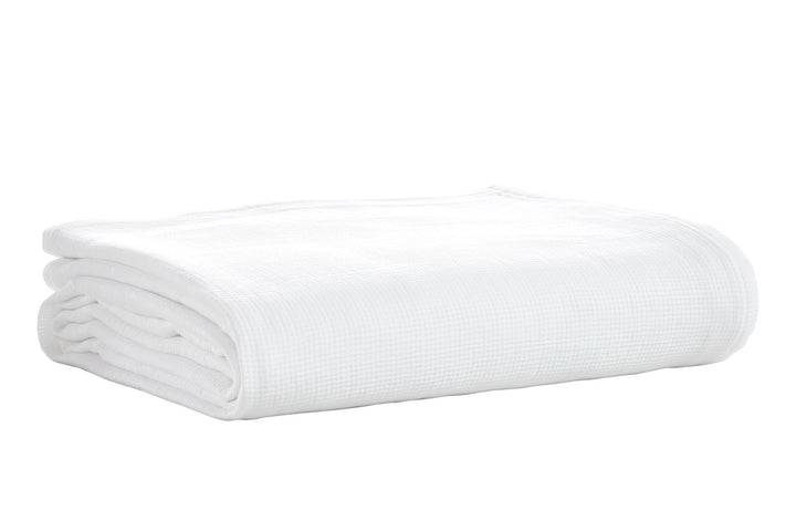BL-858-9496_7|Freshly folded clean white waffle weave blanket. Offers ultimate comfort and lightweight warmth for any season.