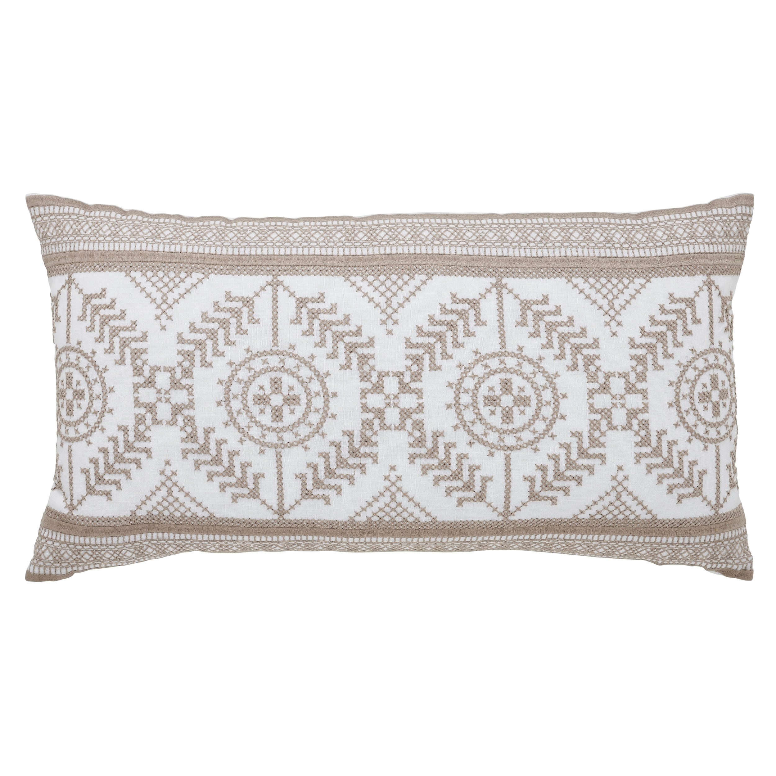 DP-1365-1426_1|Rectangular white decorative pillow with elegant taupe cross-stitch embroidered tribal pattern, perfect for home decor accents.