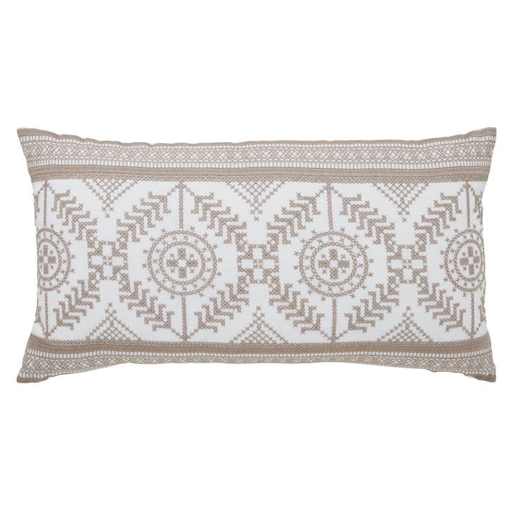DP-1365-1426_1|Rectangular white decorative pillow with elegant taupe cross-stitch embroidered tribal pattern, perfect for home decor accents.