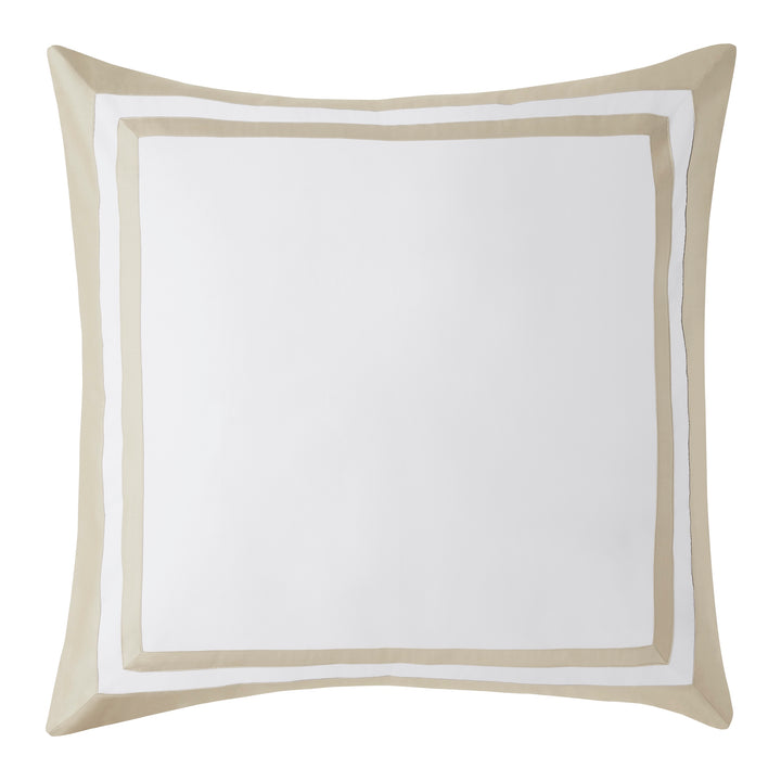 ES-066-2626_1|Premium white sateen duvet cover, elegant tan border trim. Adds a touch of sophistication to any modern bedroom decor.