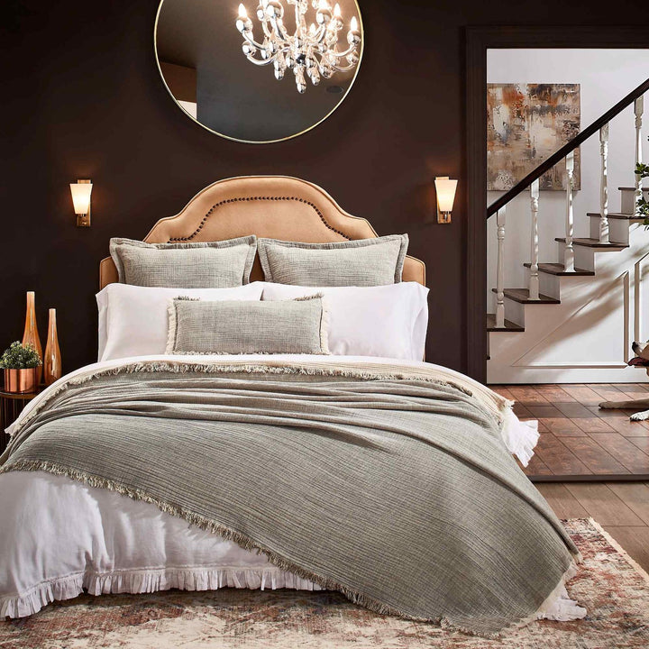 BT-113-11096_1|Cozy light green textured throw blanket draped elegantly over a bed, adding comfort and style to bedroom decor.