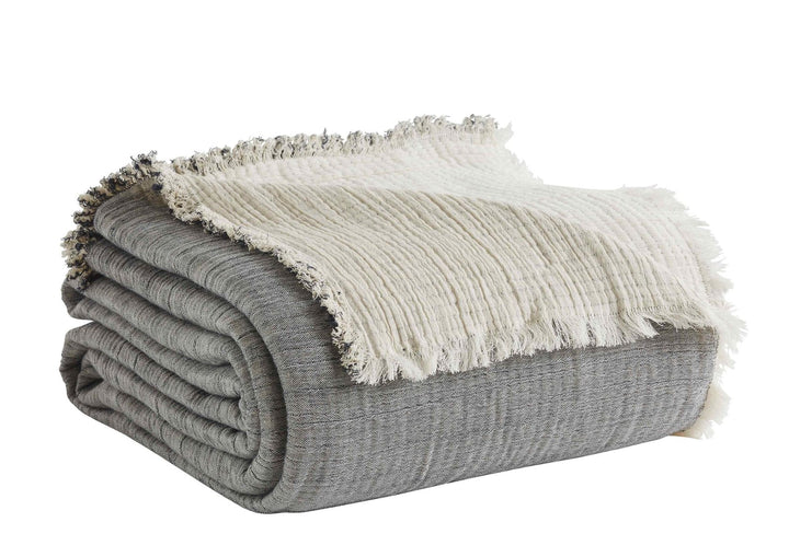 BT-104-11096_2|Folded gray and off-white reversible textured blanket with fringed edges, ideal for adding warmth and style to any room.