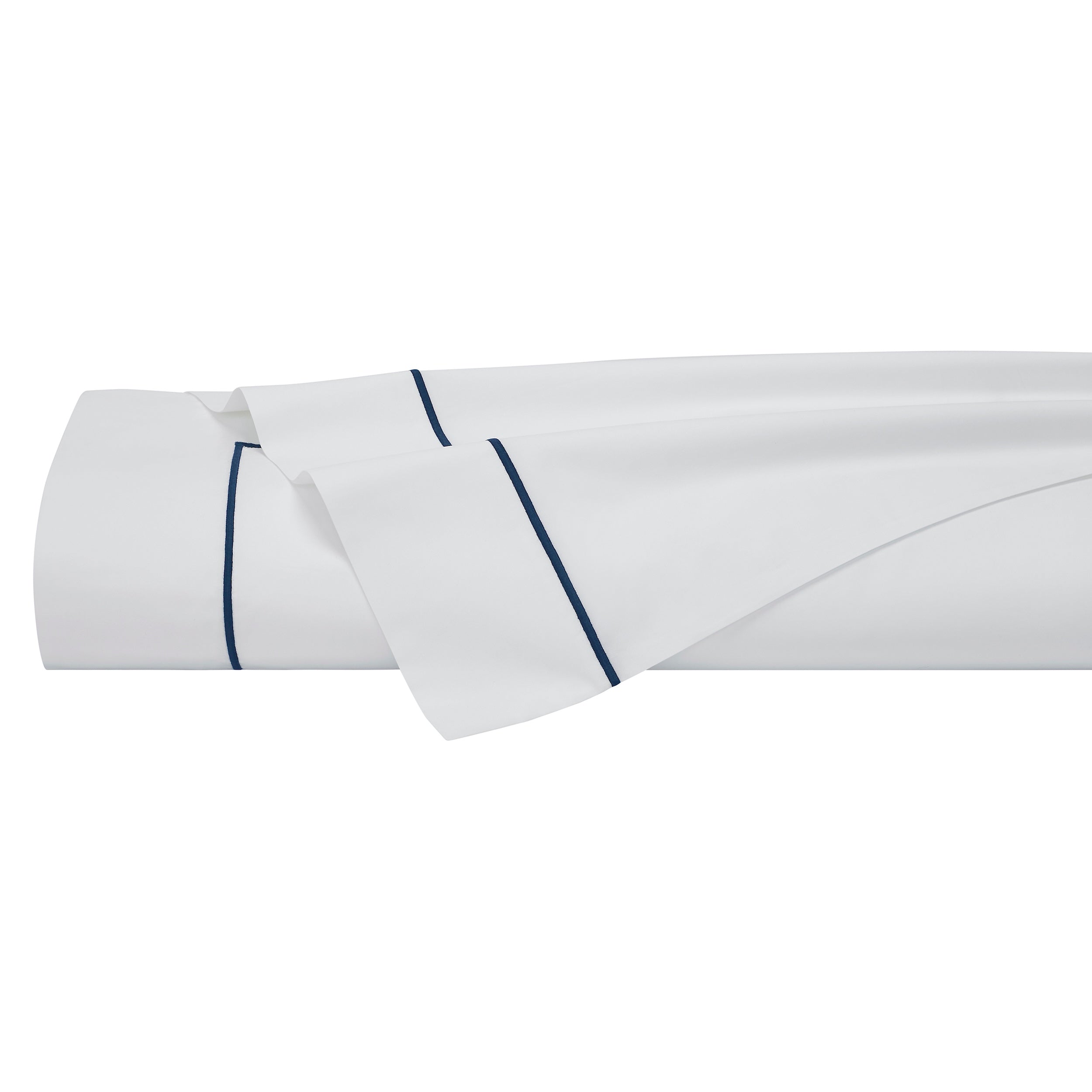 TFL-549-3980_5|Folded white 100% cotton sateen sheets with navy blue piping. Premium, soft, breathable hotel quality bedding.