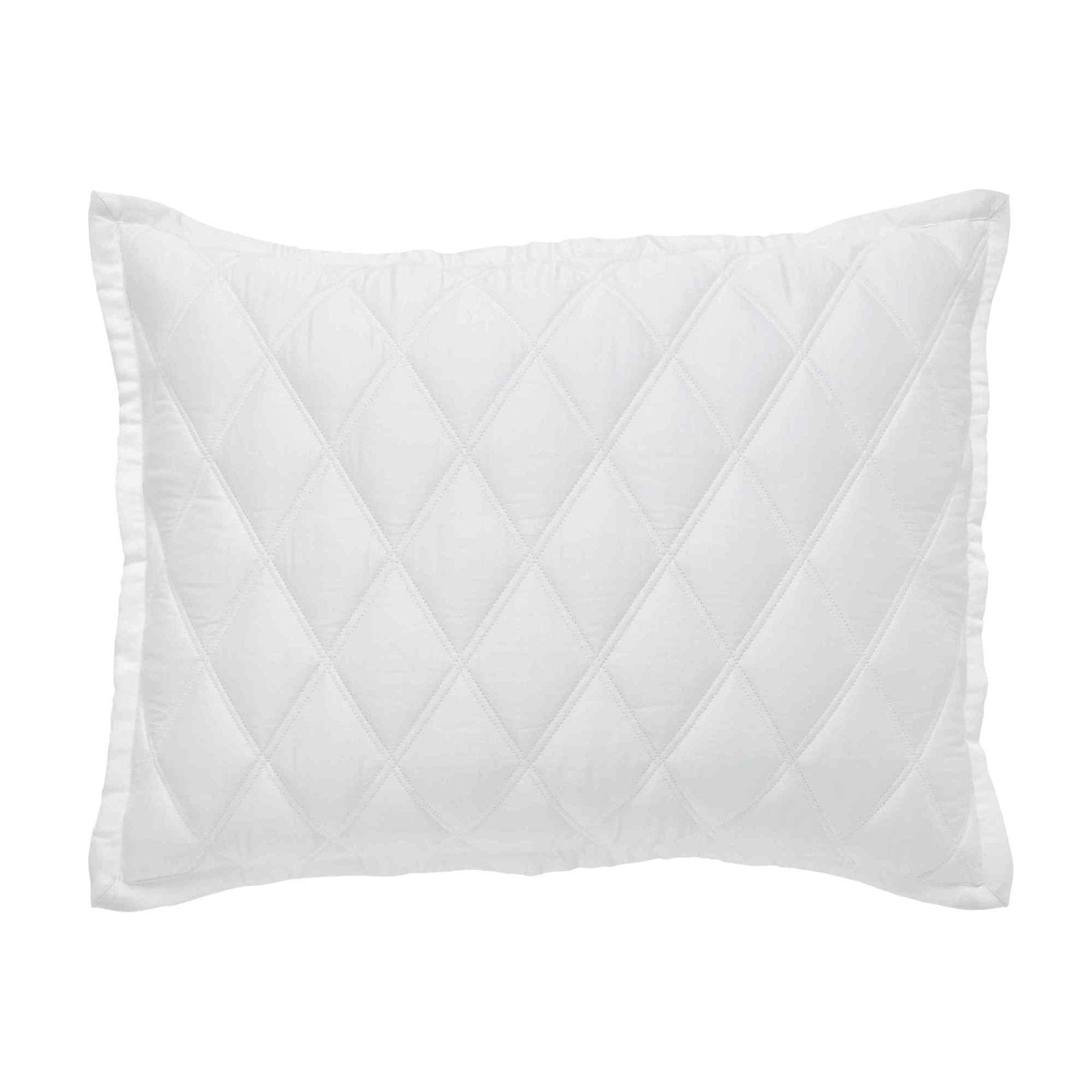 SS-179-X_2|White quilted standard pillow sham with a diamond stitch pattern and delicate ruffle trim, enhancing any bedding set.