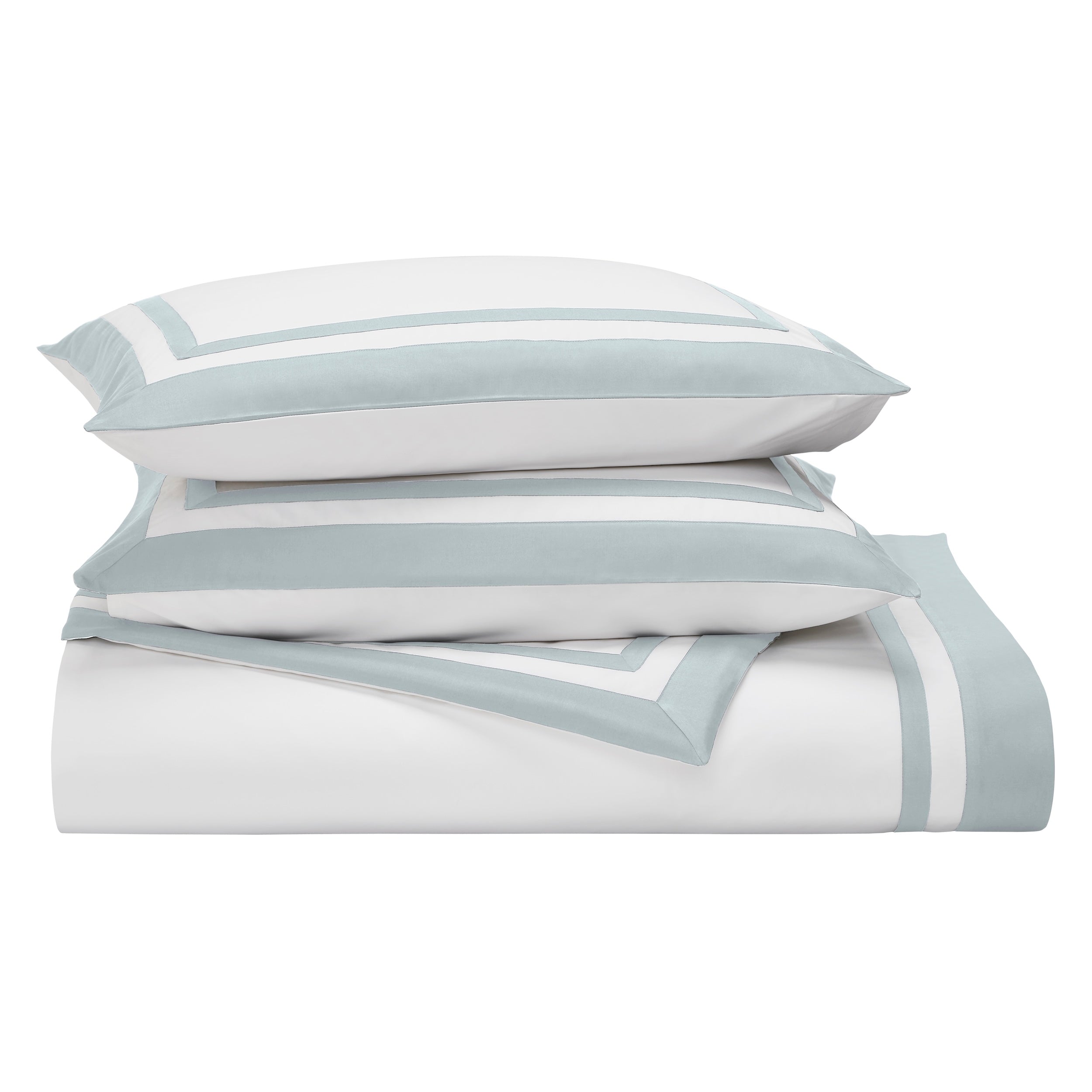 SS-063-2026_3|Stacked white duvet cover and matching shams with stylish light blue borders, perfect for a cohesive and tranquil bedroom.