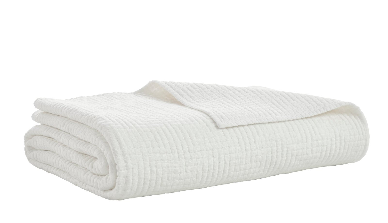 CL-199-11096_7|White quilted coverlet, elegantly folded, showcasing its detailed geometric maze pattern. Perfect for cozy bedding.