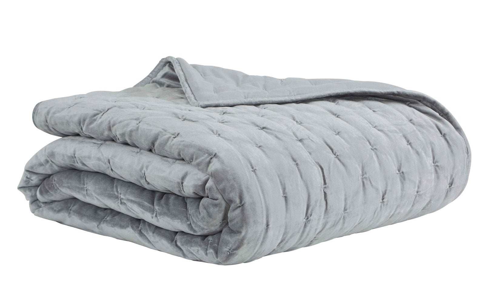 QT-324-11898_2|Soft light grey velvet quilted quilt, folded neatly, offering a comforting and stylish layer for any modern bedding.