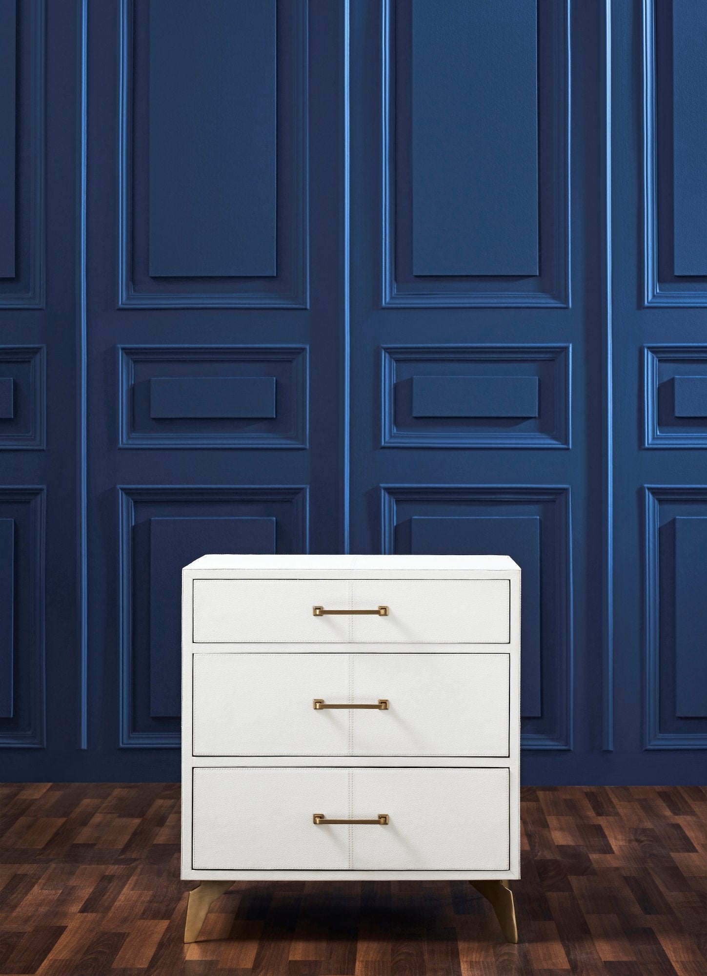 FN-5201-262028_2|White shagreen three-drawer nightstand with gold hardware. Modern and functional bedroom furniture piece.