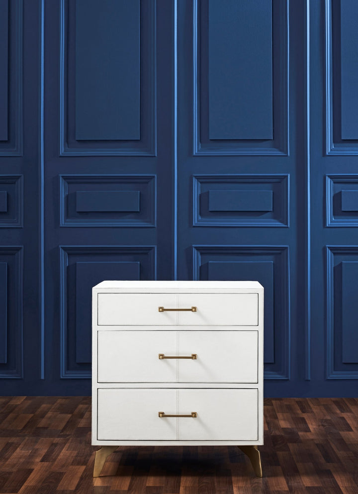 FN-5201-262028_2|White shagreen three-drawer nightstand with gold hardware. Modern and functional bedroom furniture piece.
