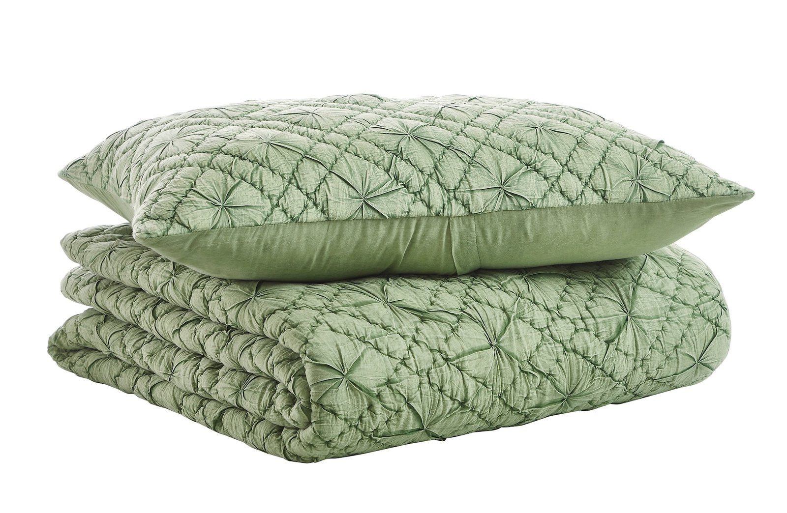 QT-366-11096_6|Green textured quilt with intricate geometric patterns, folded neatly with a matching pillow for a cohesive bedding look.