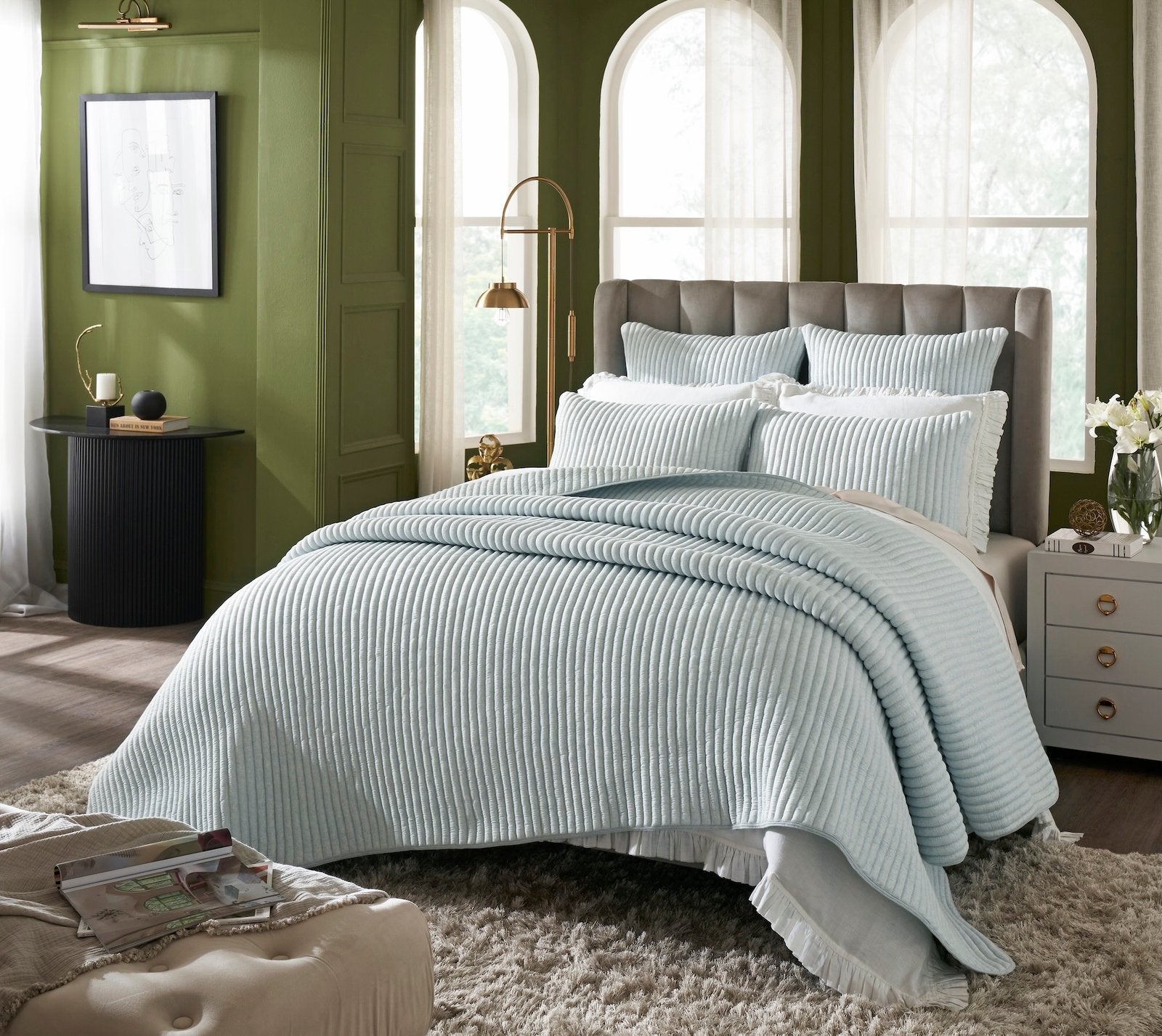 QT-369-11096_2|Light blue ribbed quilt and matching shams create a cozy, modern bedroom retreat with textural elegance. Soft comfort.