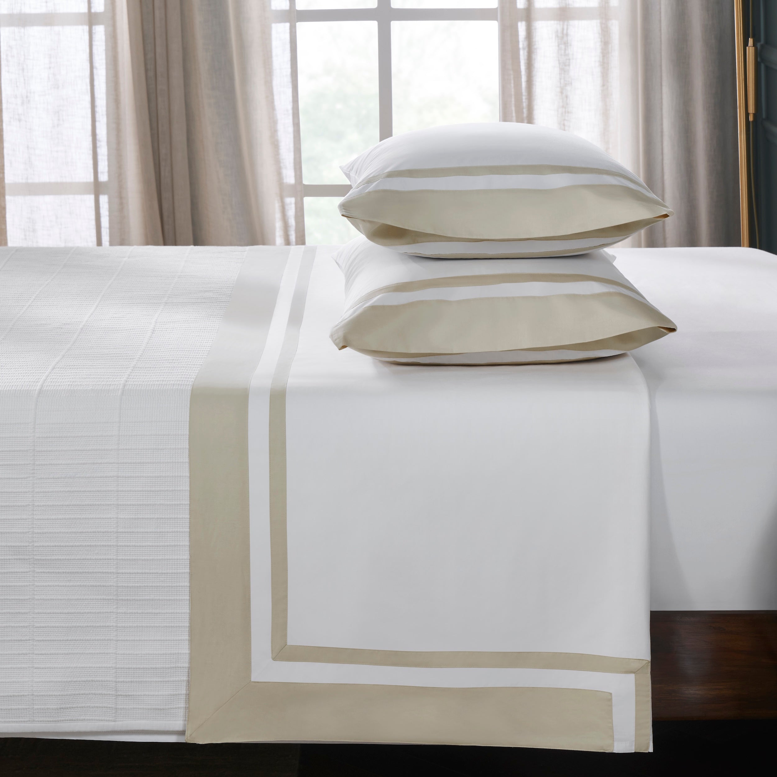 KFL-543-7880_3|Cozy bed with luxurious 100% cotton sheets, crisp white with classic beige stripe design. Soft, breathable bedding.
