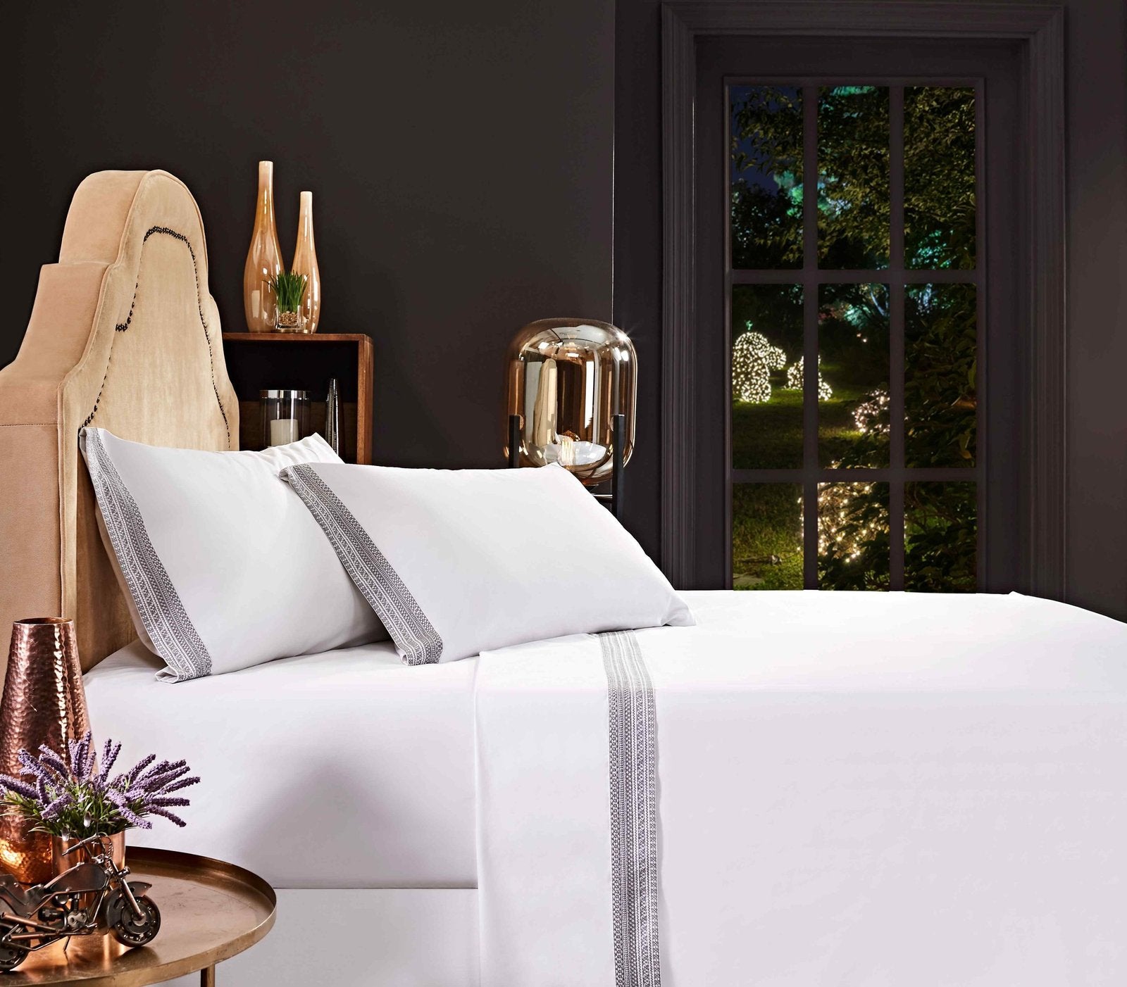 CSS-502-7284_5|Luxury white 100% cotton sheet set with elegant gray geometric embroidered trim, perfect for premium bedroom comfort.