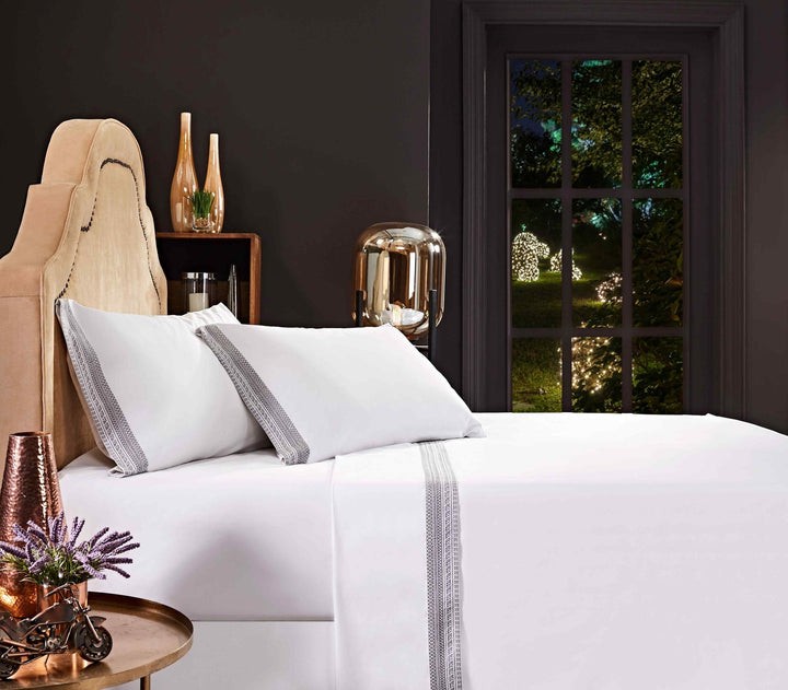 CSS-502-7284_5|Luxury white 100% cotton sheet set with elegant gray geometric embroidered trim, perfect for premium bedroom comfort.
