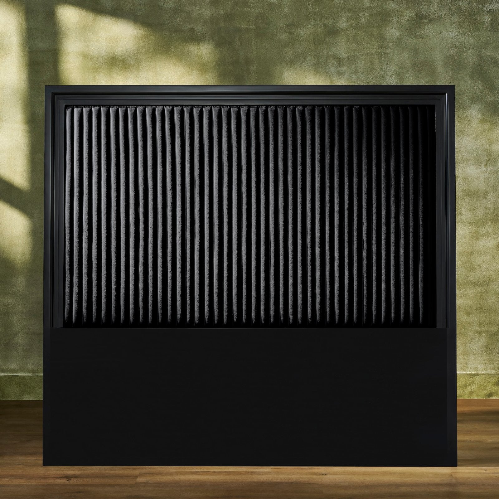 FN-5211-X_1|Striking black fabric panel headboard with vertical channel tufting, creating a sophisticated and minimalist bedroom focal point.