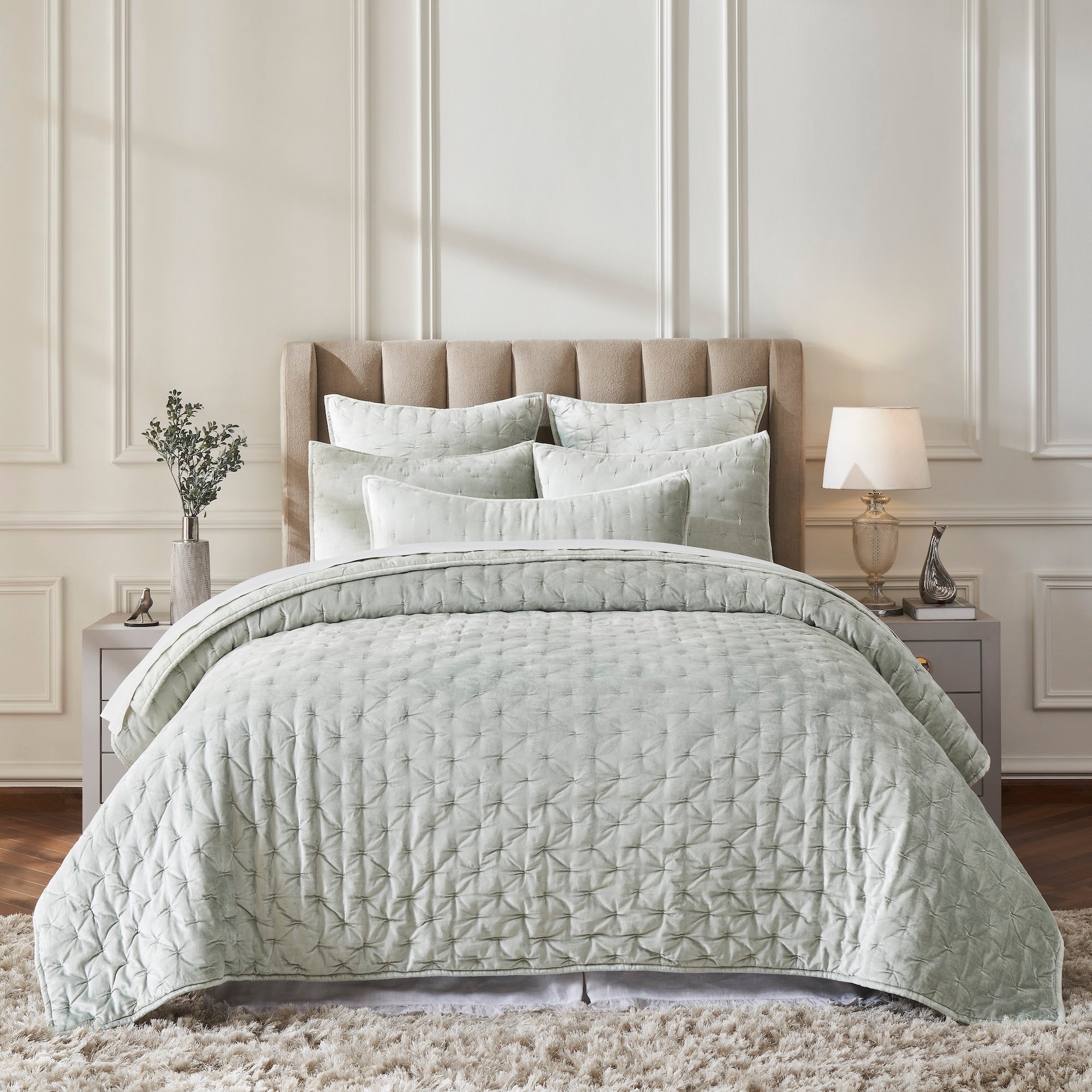 QT-371-11898_1|Luxurious mint green velvet-look quilted bed set adorns a modern bedroom, offering elegant style and soft comfort.