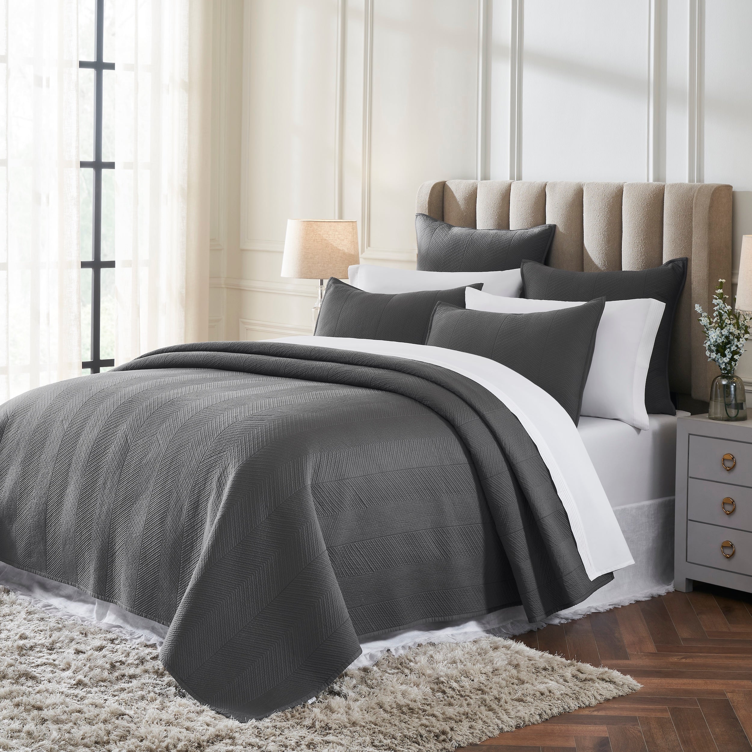 CL-263-11096_2|Chic charcoal grey quilted coverlet featuring a classic herringbone pattern, enhancing a modern and inviting bedroom.