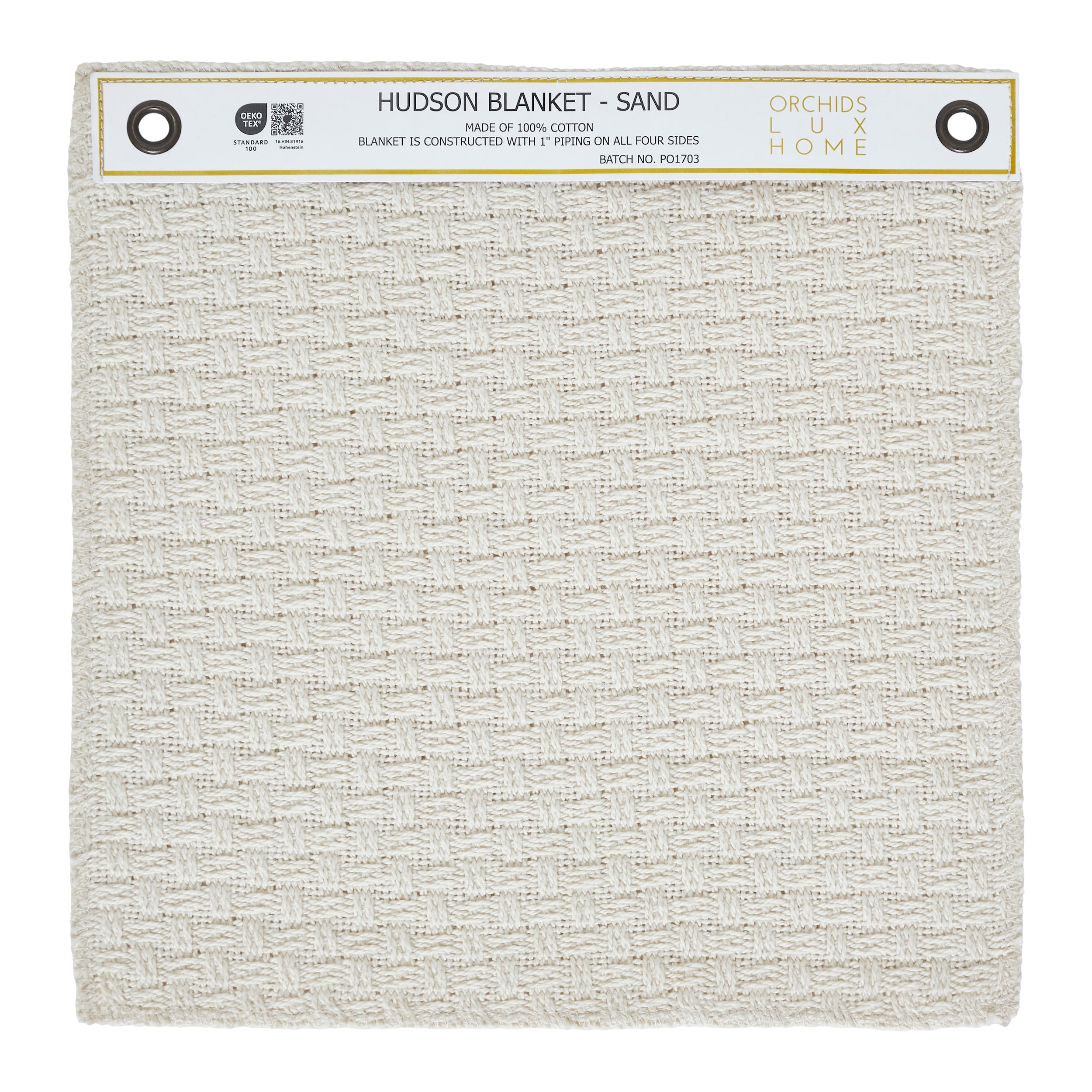 SWT-868-1010_1|Hudson Blanket Sand 100% Cotton swatch. Light beige textured weave for home bedding. Durable, natural cotton fabric sample.