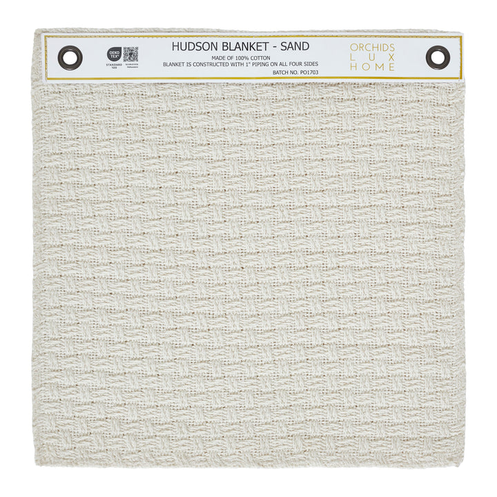 SWT-868-1010_1|Hudson Blanket Sand 100% Cotton swatch. Light beige textured weave for home bedding. Durable, natural cotton fabric sample.