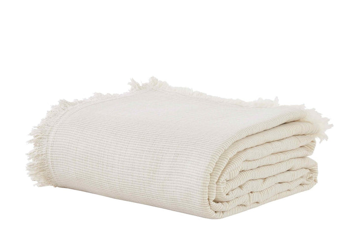 BT-114-9496_5|Crisp light beige throw blanket, folded, displaying delicate horizontal stripe patterns and classic fringed borders.