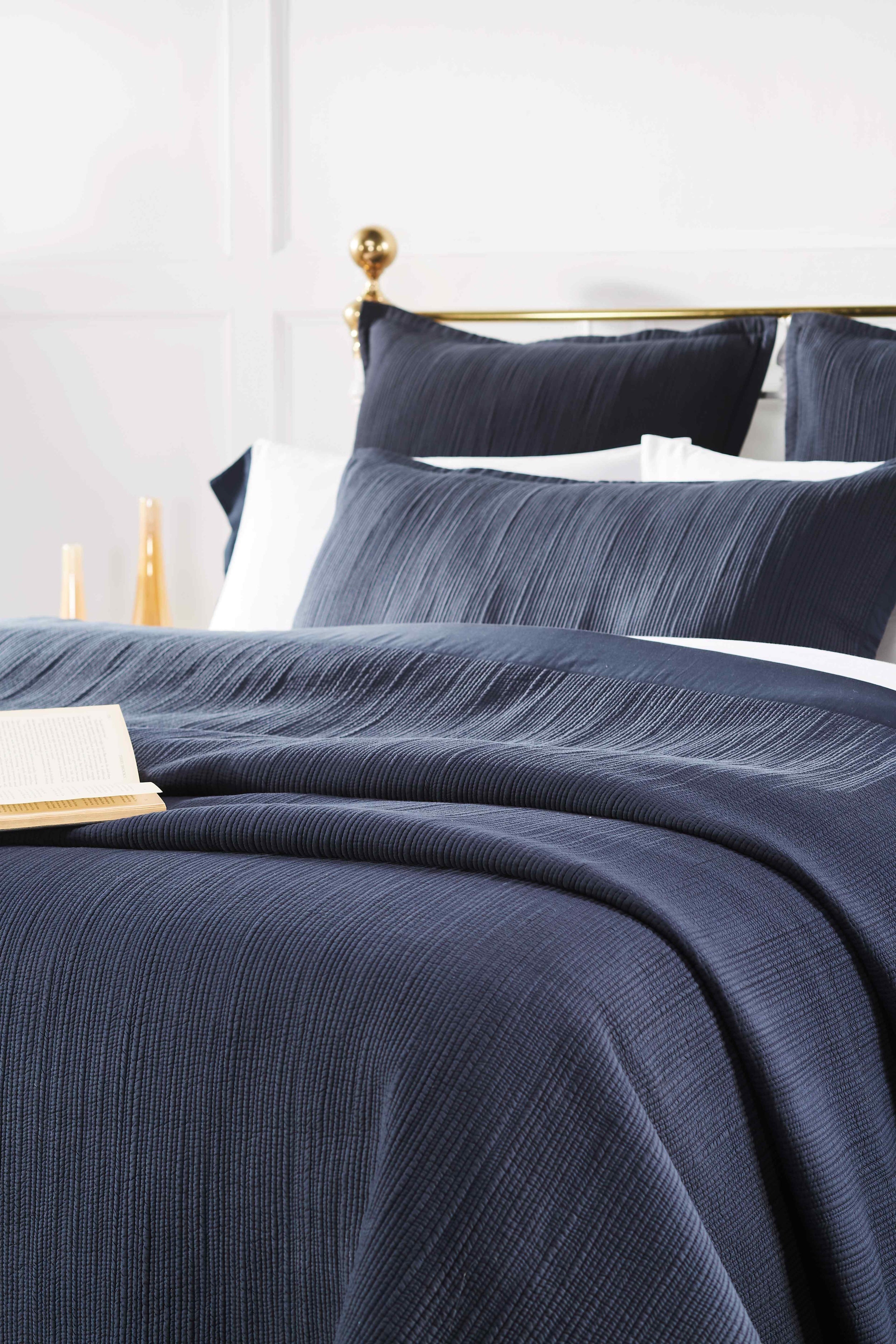 CL-167-11096_3|Close-up of a luxurious navy blue coverlet and shams, showcasing the elegant ribbed texture. Perfect for stylish bedrooms.
