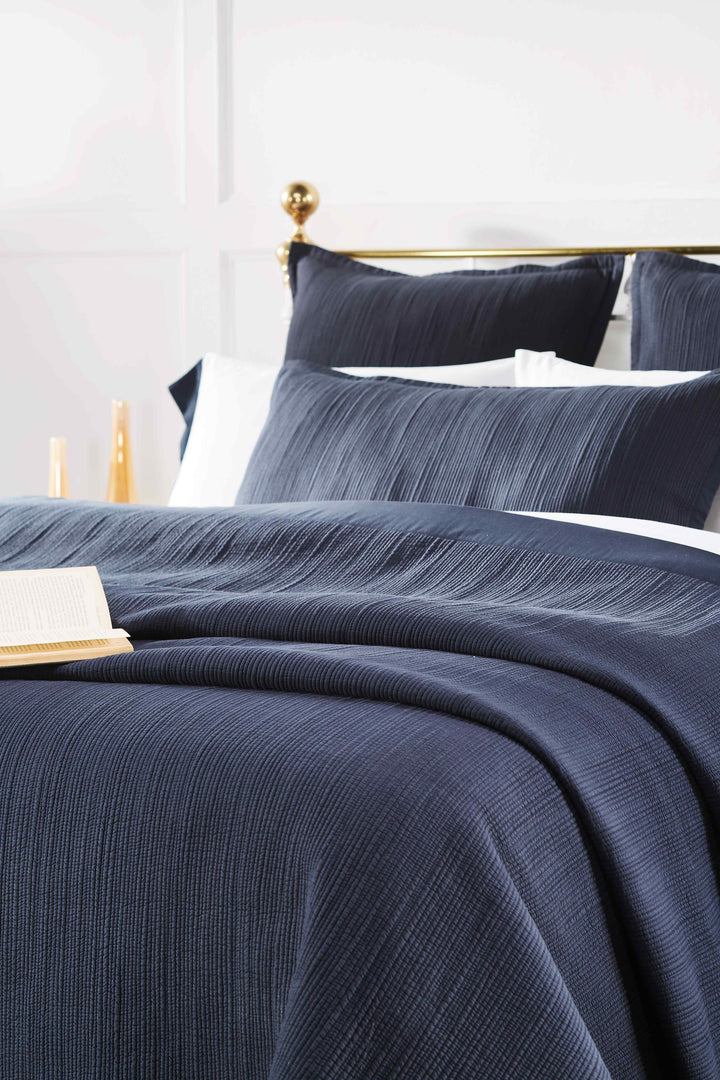 CL-167-11096_3|Close-up of a luxurious navy blue coverlet and shams, showcasing the elegant ribbed texture. Perfect for stylish bedrooms.