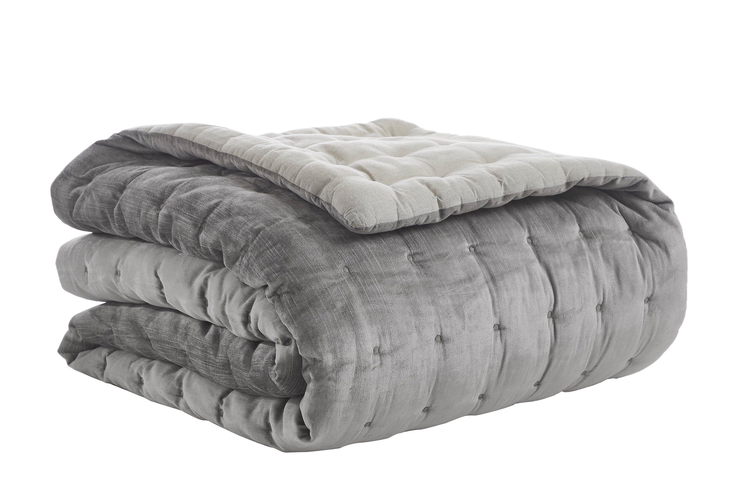 QT-307-11096_5|Reversible charcoal grey and beige tufted quilt, folded, showcasing square quilting. Versatile, cozy bedding for a comfortable bedroom.