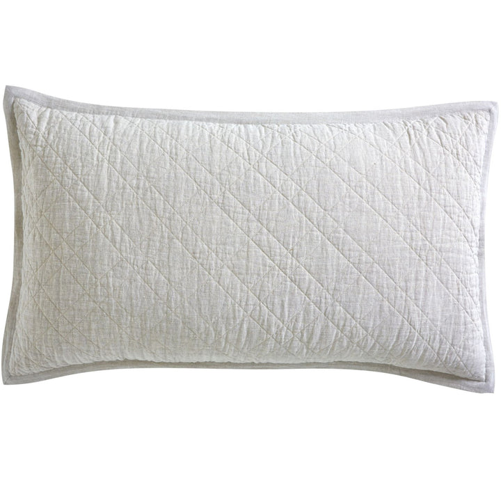 KS-254-2036_2|White linen-look coverlet pillow sham, diamond quilted with a chic grey border, offering sophisticated comfort for your bed.