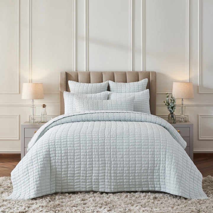 QT-373-9496_1|Soft light blue quilted bedding, featuring a cozy textured grid pattern, perfect for adding serene comfort to any bedroom decor.