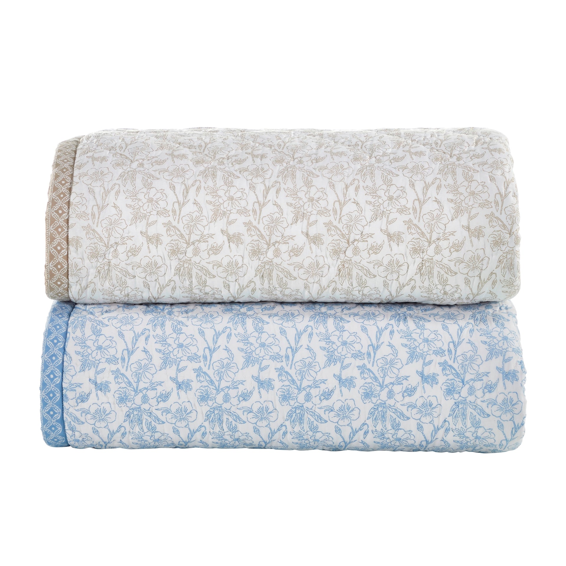 QT-345-X_2|Stack of two reversible quilted throws: elegant natural beige floral and calming light blue floral patterns.