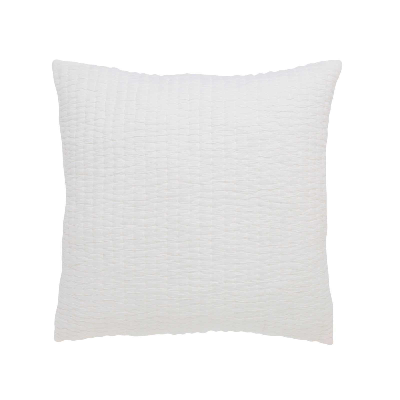 ES-359-2626_1|Crisp white square quilted cushion, featuring a subtle crinkled texture with horizontal stitching for a minimalist, cozy feel.