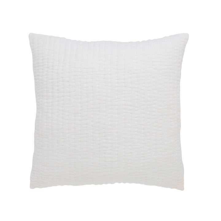 ES-359-2626_1|Crisp white square quilted cushion, featuring a subtle crinkled texture with horizontal stitching for a minimalist, cozy feel.