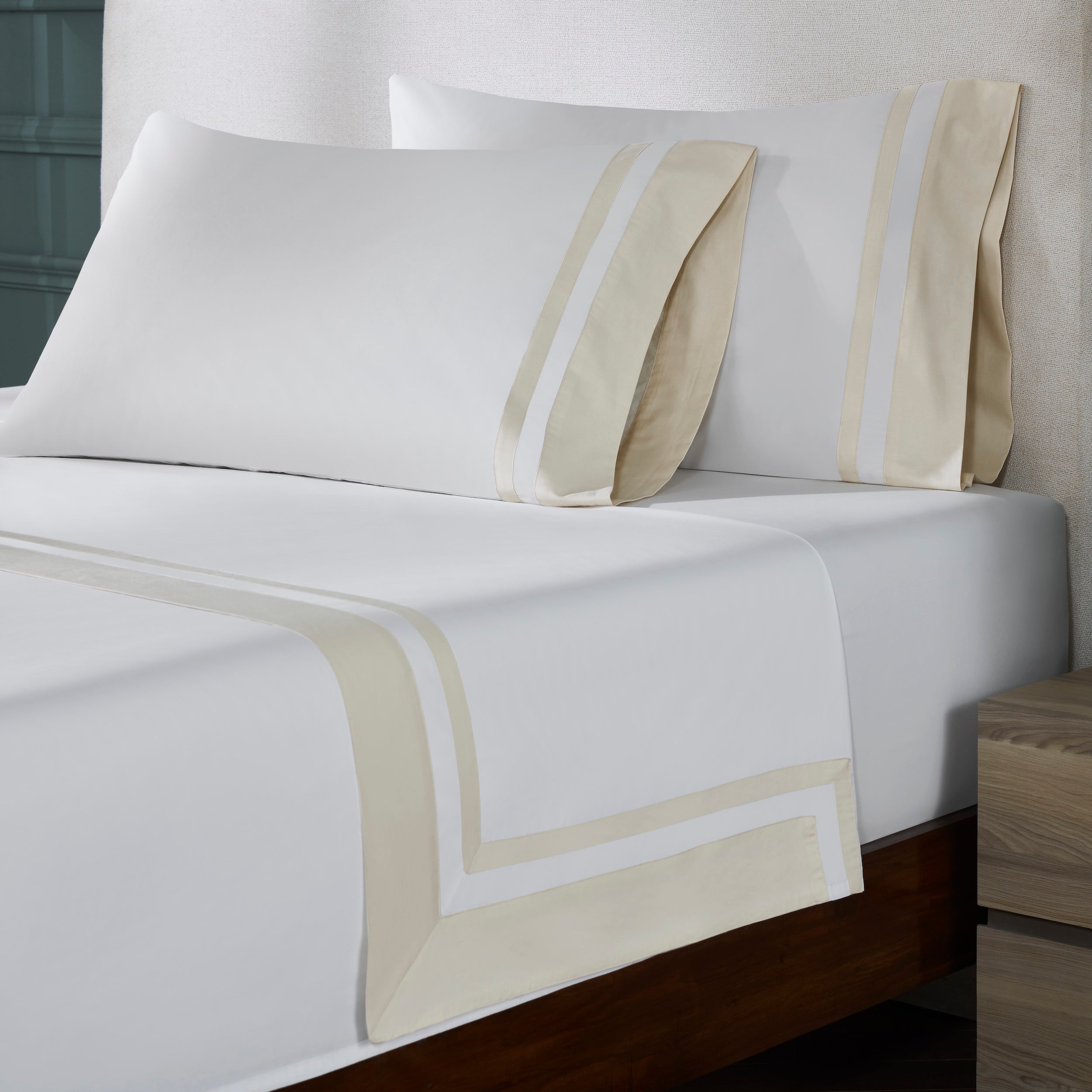 TFT-544-3975_3|White 100% cotton sheet set with decorative beige/tan striped border. Includes flat sheet and pillowcases with sateen weave texture.