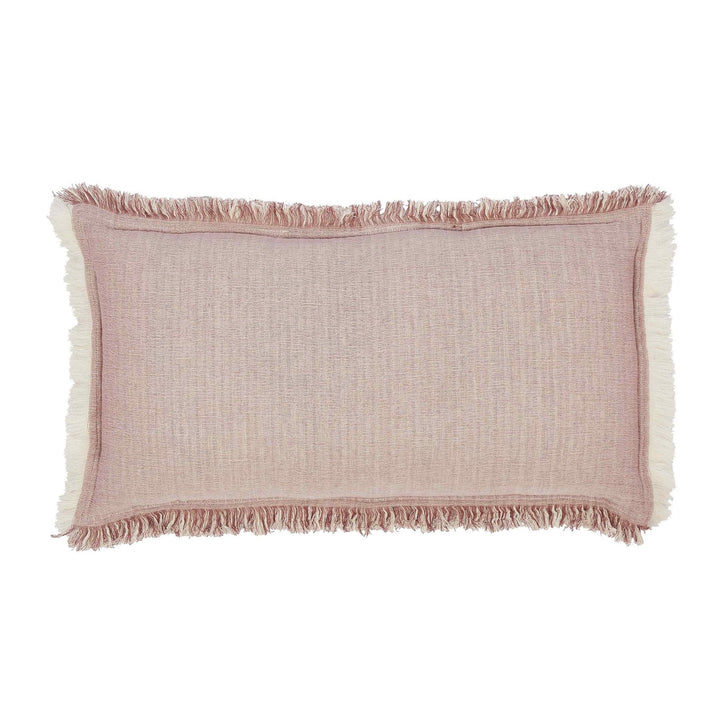 TP-110-1426_1|Pink and white textured lumbar pillow with frayed edges, providing stylish support and rustic charm for any decor.
