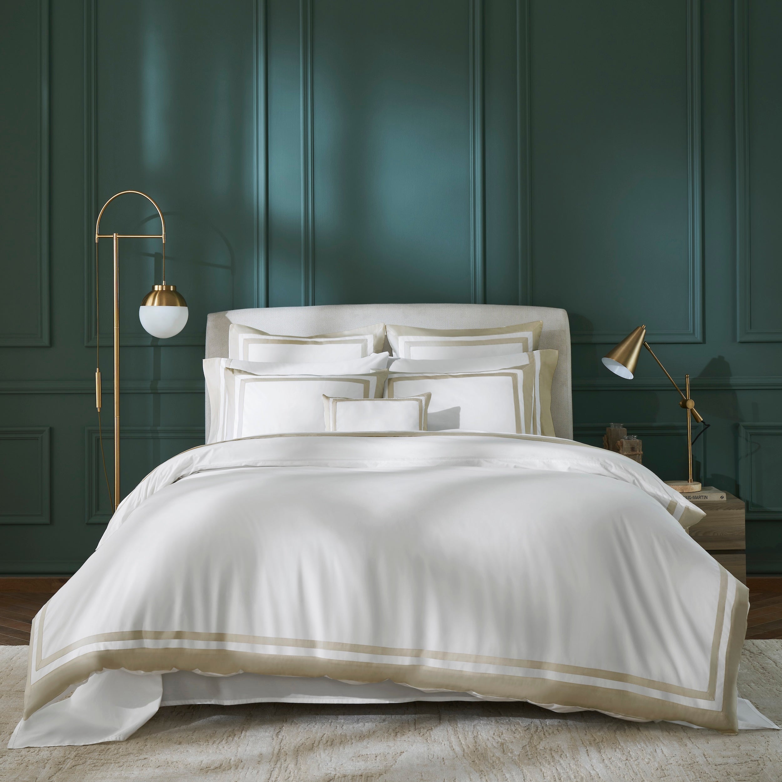 DT-066-10692_1|Elegant ivory cotton sateen duvet cover with a sophisticated gold border, enhancing a luxurious modern bedroom.