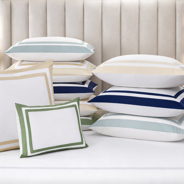 KS-069-2036_4|Luxurious assorted striped duvet covers and pillow shams in soft pastel and navy tones for elegant bedroom styling.