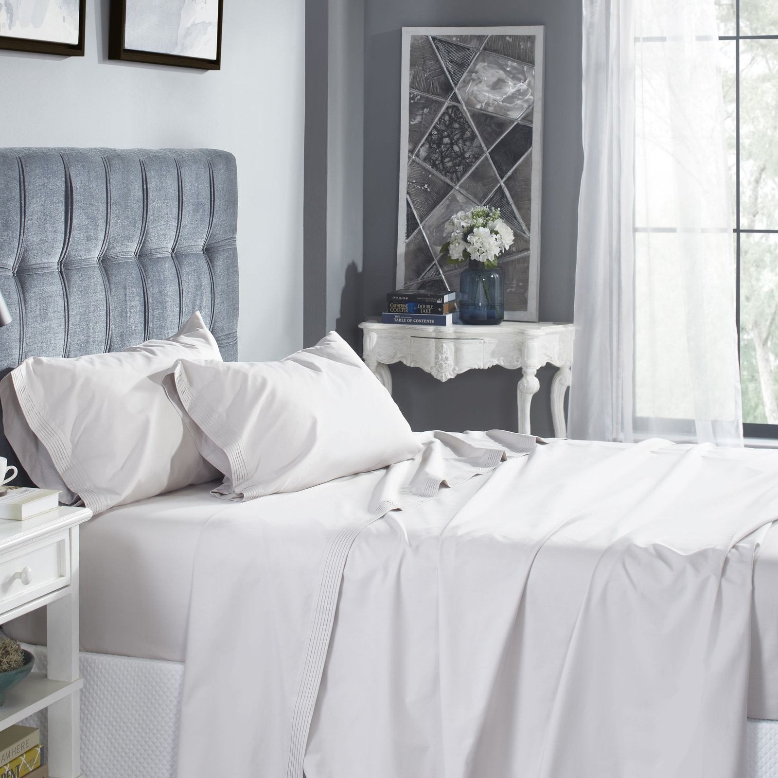 QSS-523-6080_2|Luxurious 100% cotton sheets in a serene light grey, featuring elegant pleat details for ultimate sleep comfort.