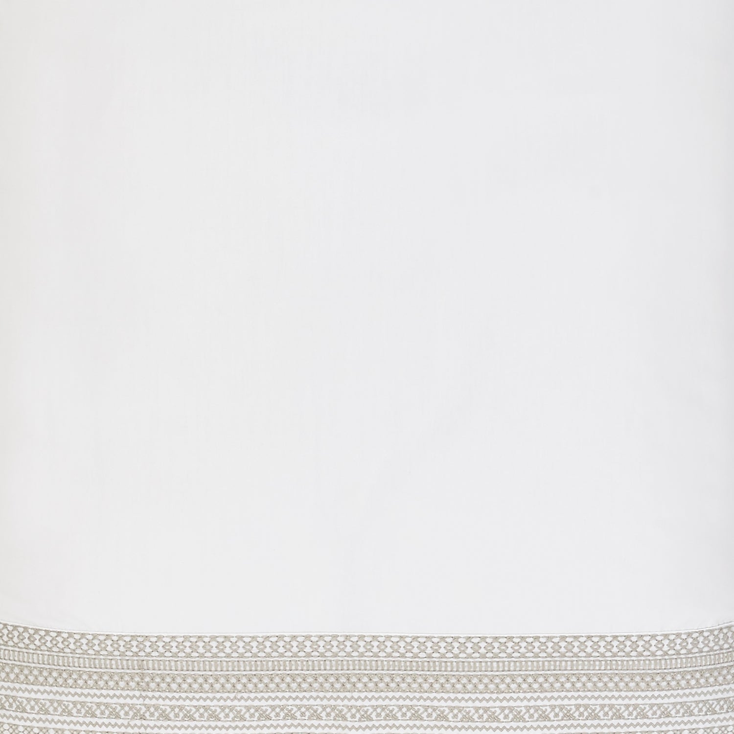 SWT-501-7.8_1|Crisp white cotton duvet cover with intricate taupe embroidered geometric border design for a sophisticated bedroom aesthetic.